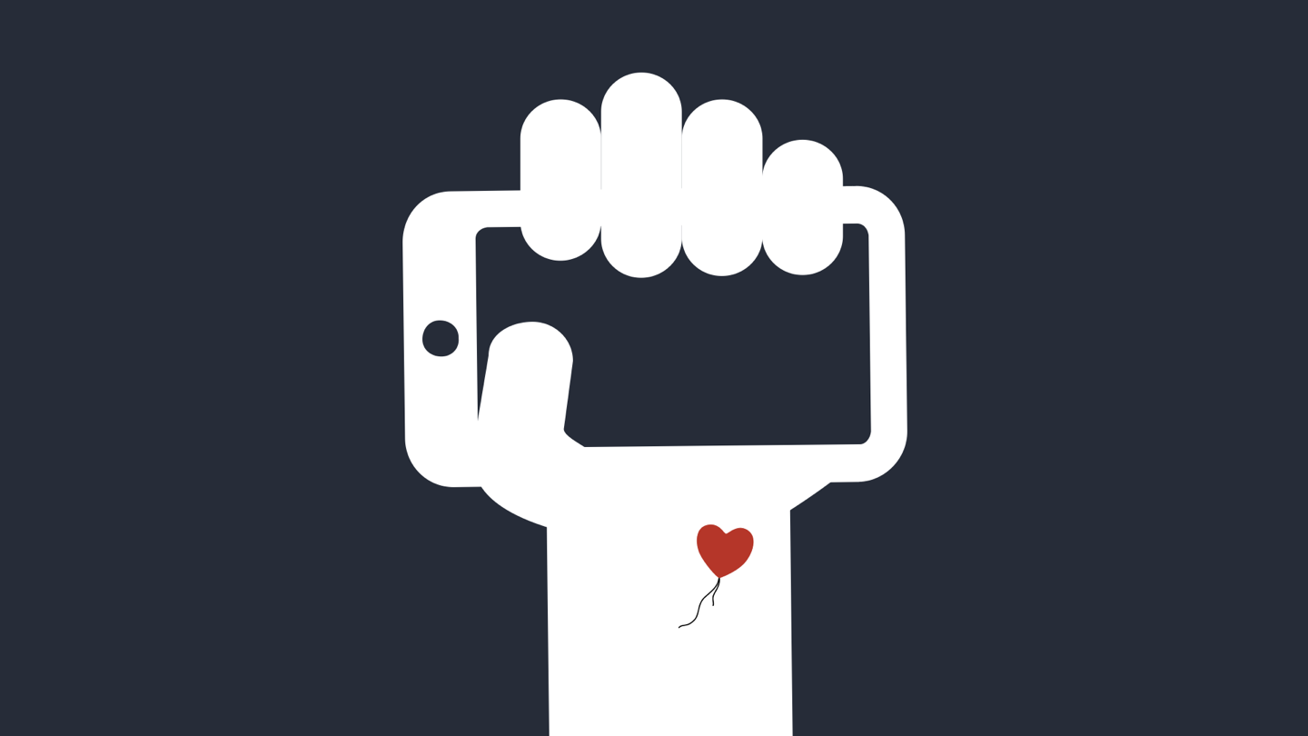 een hand die een mobiele telefoon vasthoudt – het symbool van cyborg-rechten