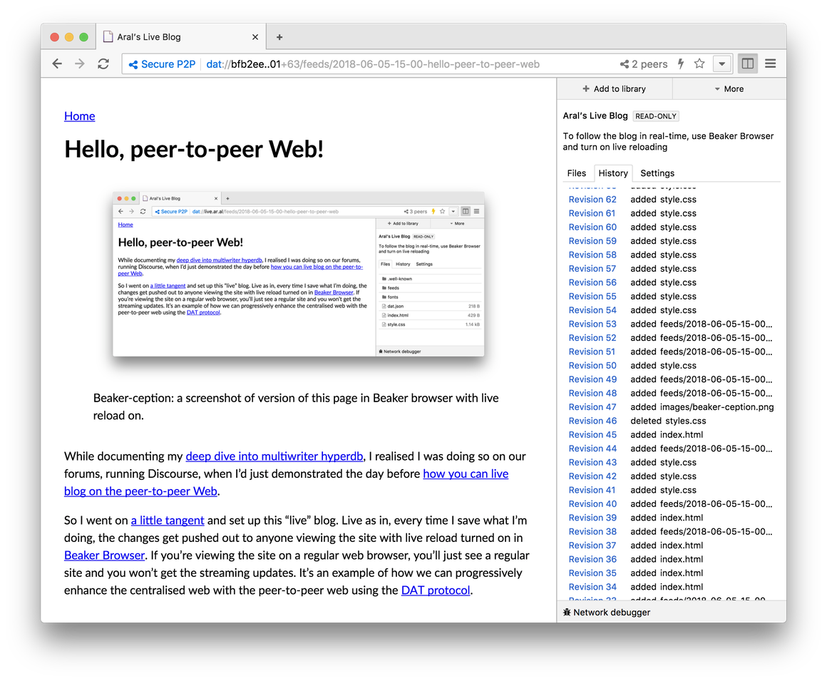 Beaker Browser shows you the revision history of a site.