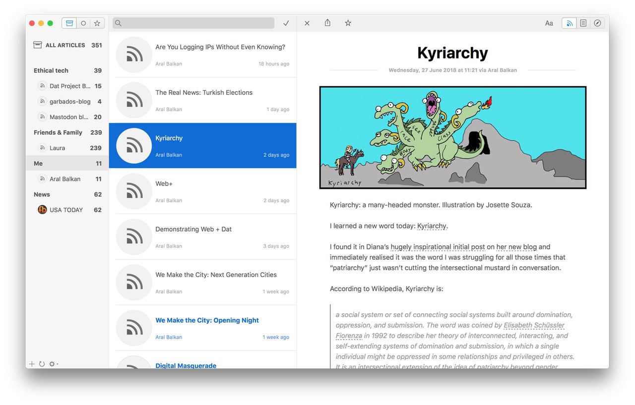 Screenshot of the Leaf RSS reader on macOS showing my subscriptions, the list of latest posts from my blog, and my post on Kyriarchy, being displayed perfectly.