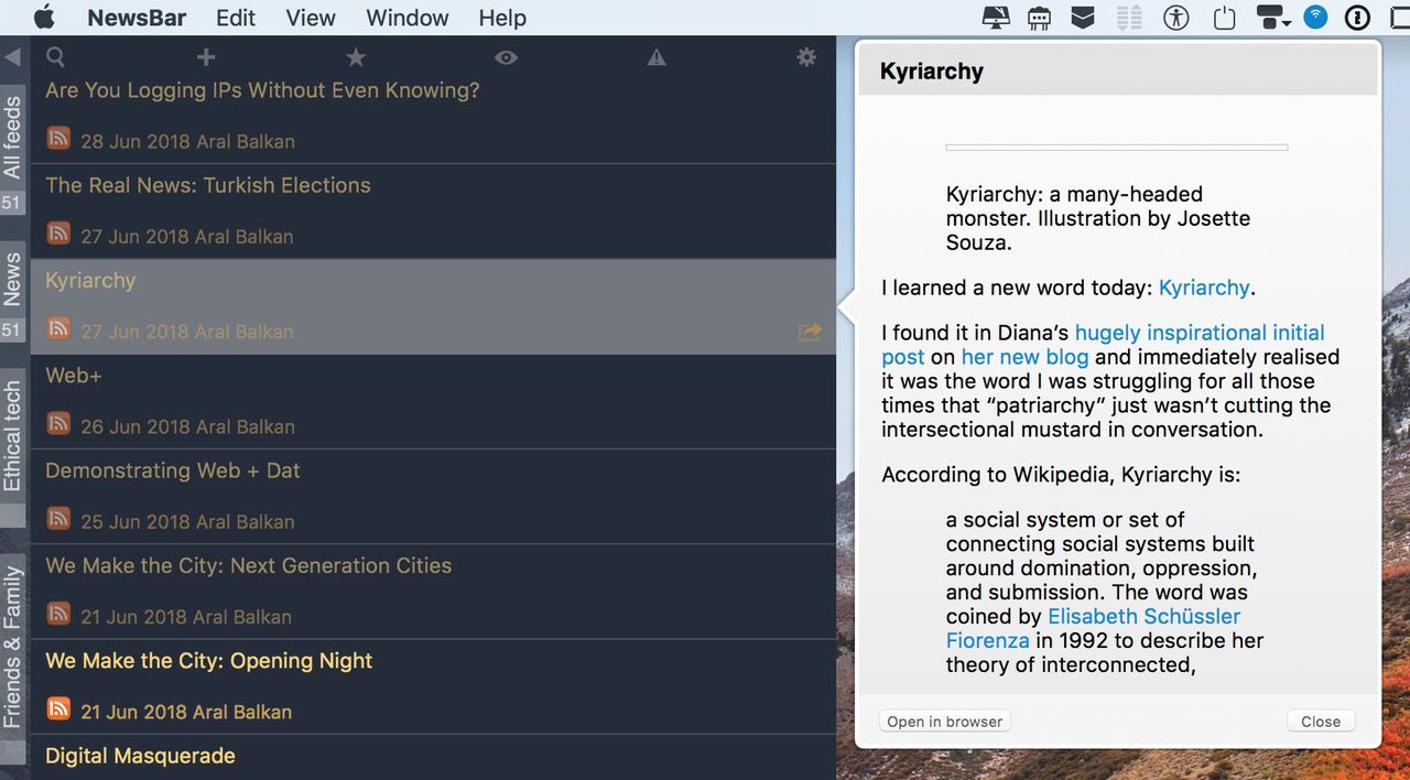 Screenshot of the NewsBar RSS Reader on macOS showing my subscriptions, the list of latest posts from my blog, and a preview of my post on Kyriarchy, with the header image and styles missing.