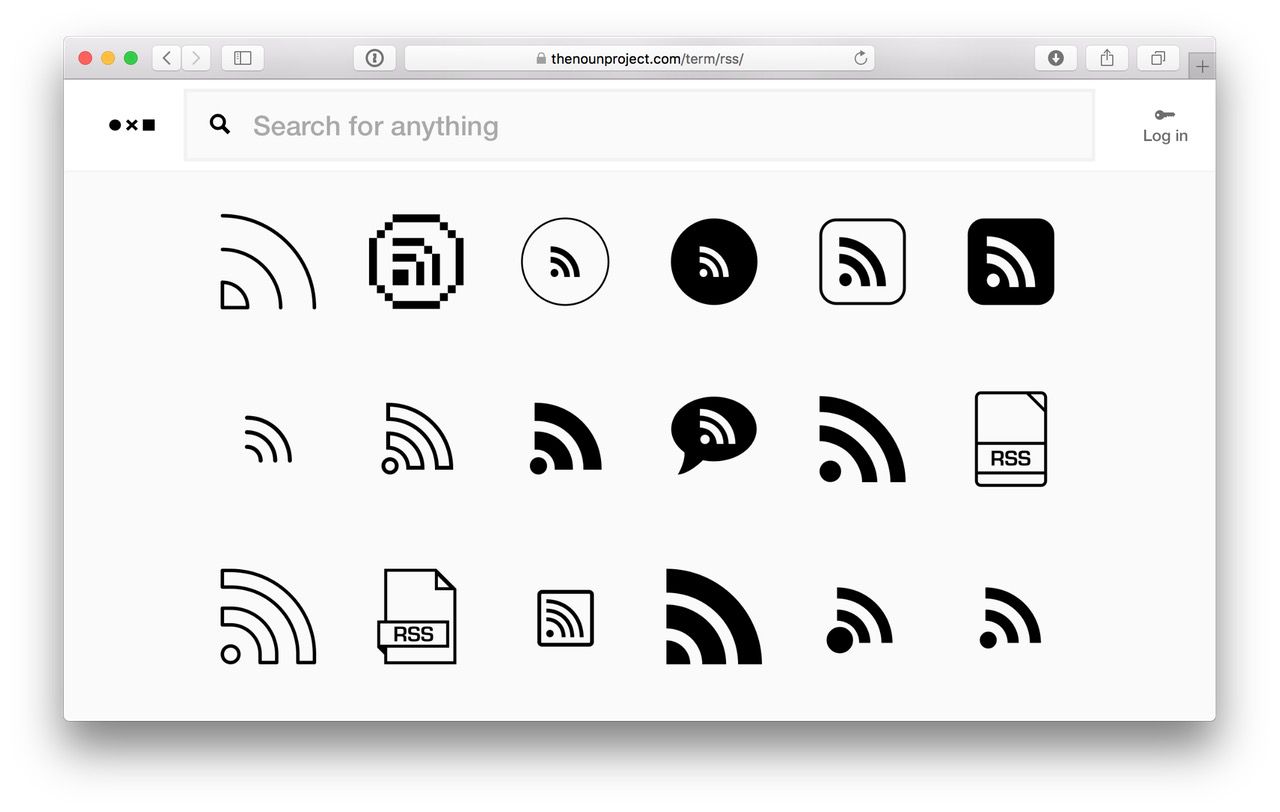 A selection of RSS icons from The Noun Project displayed in a grid.