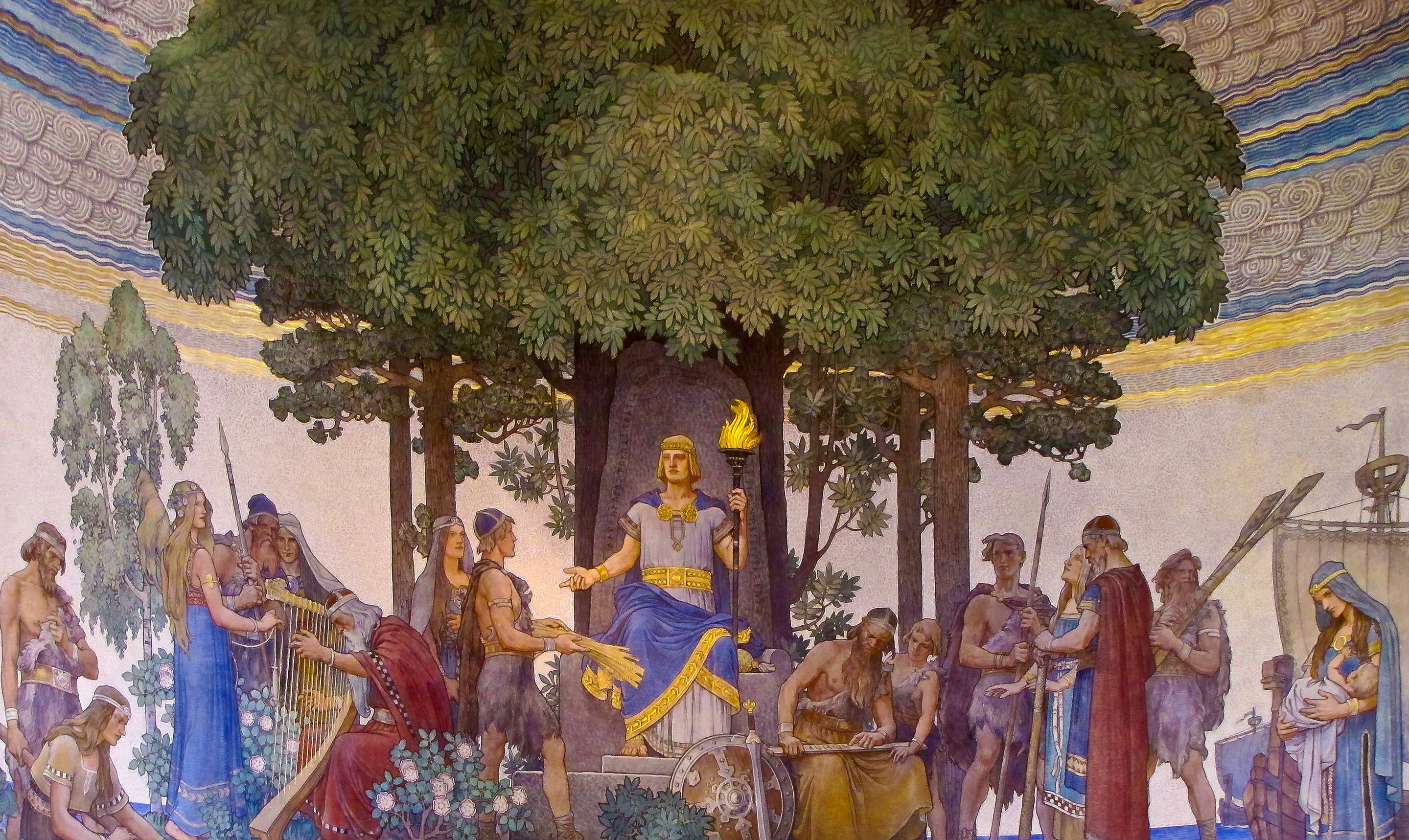 The god Heimdall stands among a group of people with a torch in his hand, framed by a tree in the center of this painting.