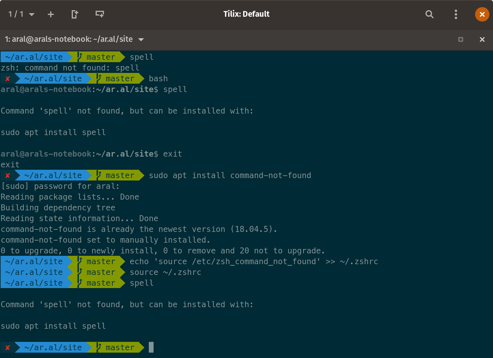 Tilix terminal window showing the series of commands, detailed in this post, for enabling apt package suggestions in zsh.