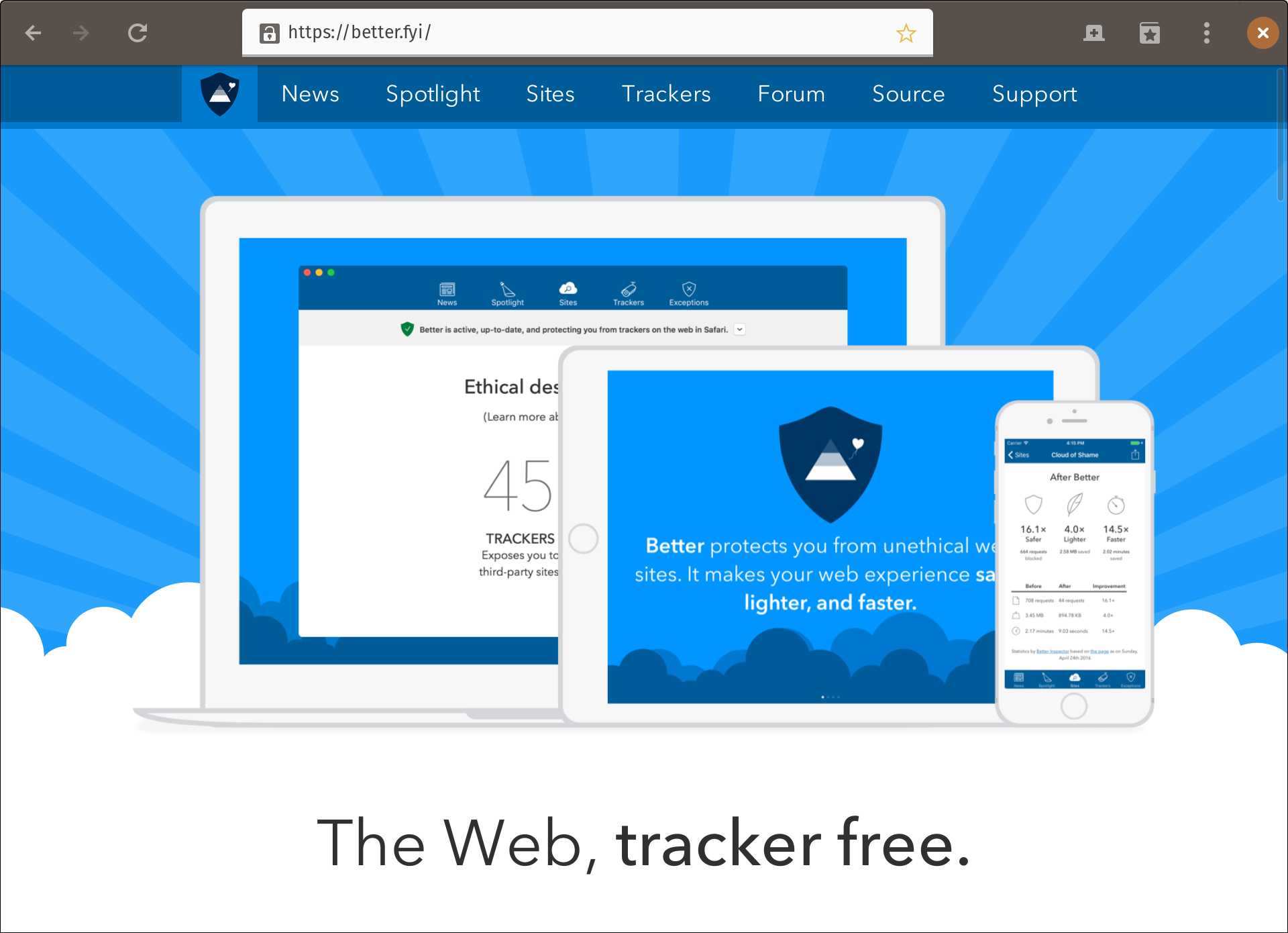 Screenshot of the Better Blocker web site showing better running on a Mac, iPad, and iPhone