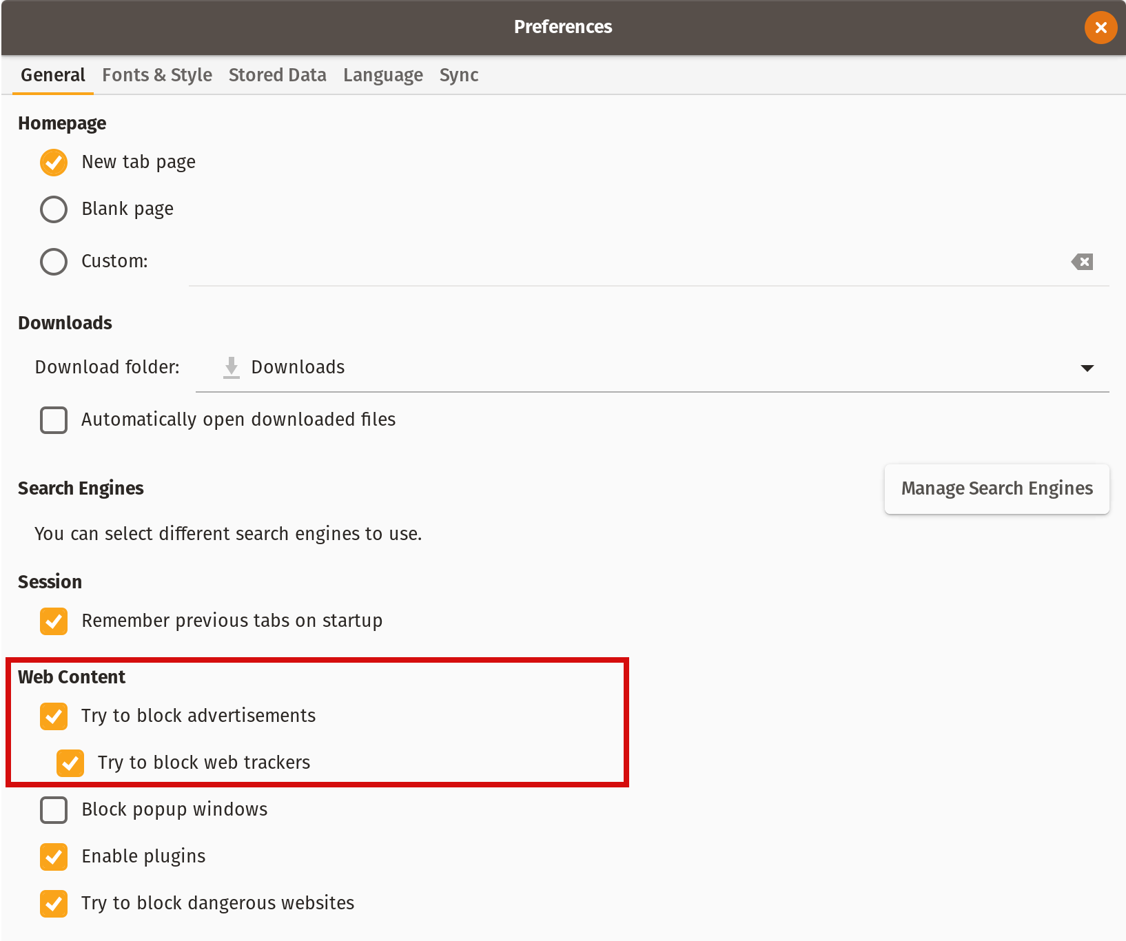 Screenshot of the GNOME Web Preferences panel, showing that the 'try to block advertisements' and 'try to block web trackers' settings are on by default.