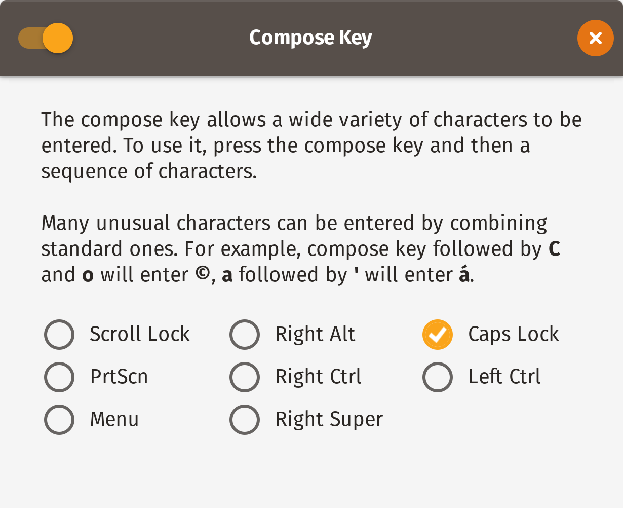 Screenshot of the compose key selection dialog.