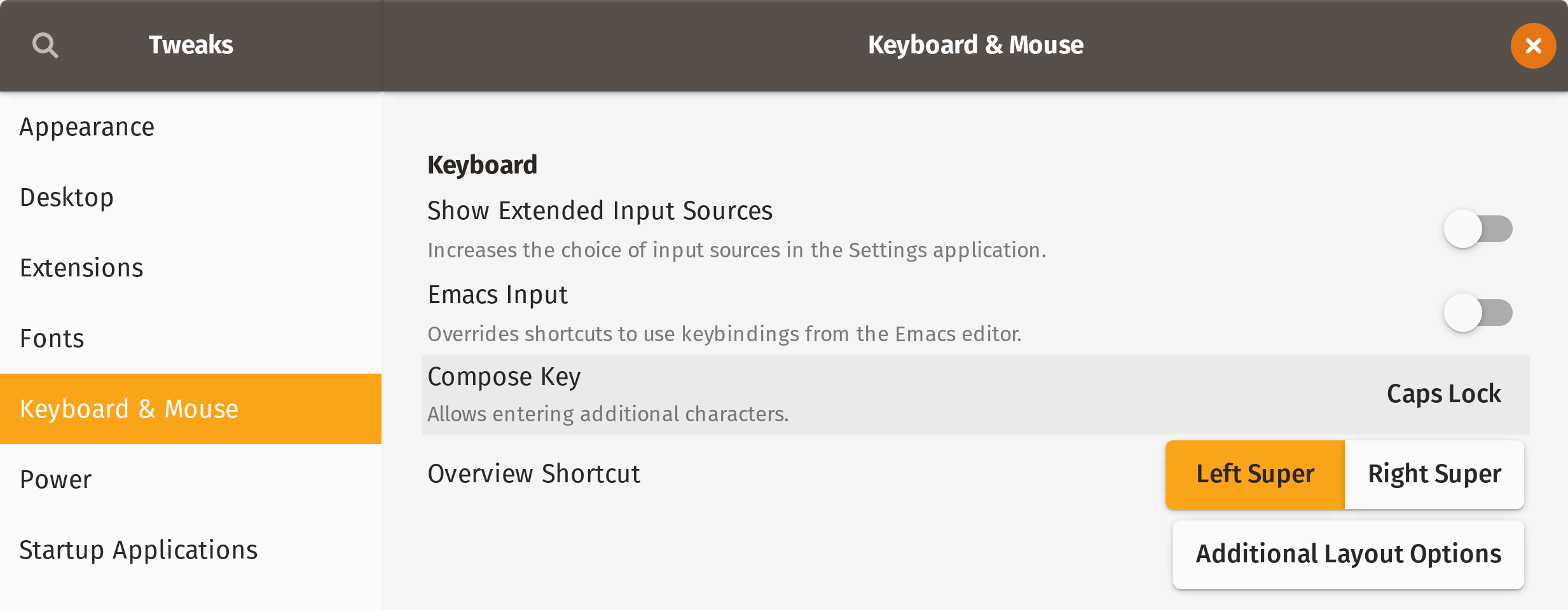 Screenshot of the Gnome Tweaks app, showing the Compose Key setting under the Keyboard &amp; Mouse section