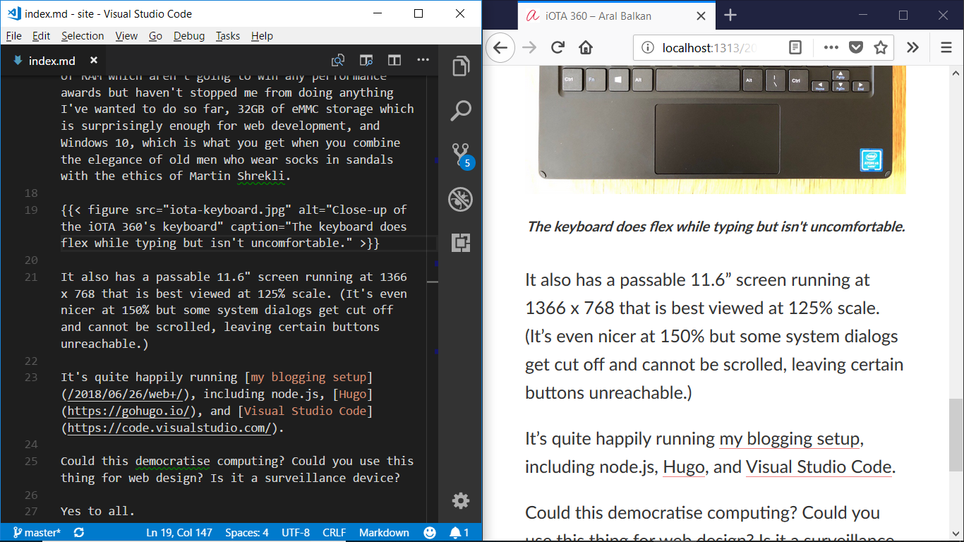 Screenshot of my blogging setup with the code for this post open in Visual Studio Code on the left and a browser window showing the post itself on the right-side of the screen.