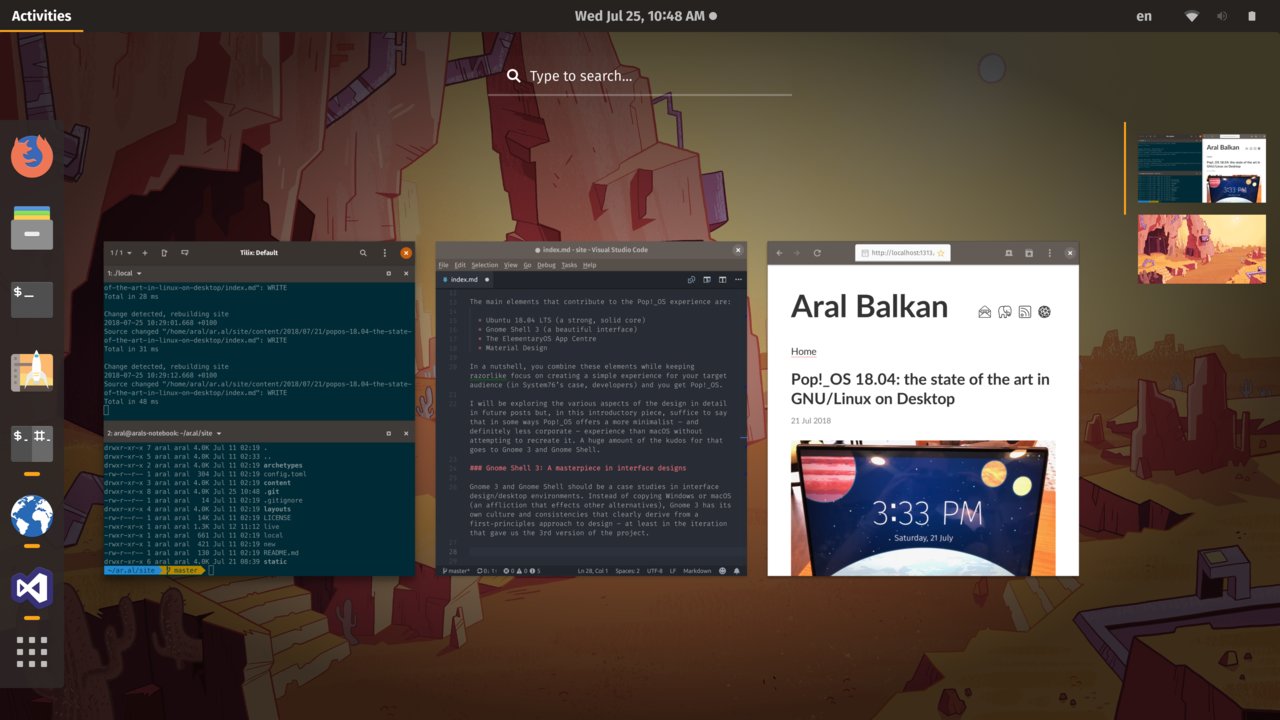 The Activities view in Pop!_OS showing me my currently active applications, desktop, and a search bar.