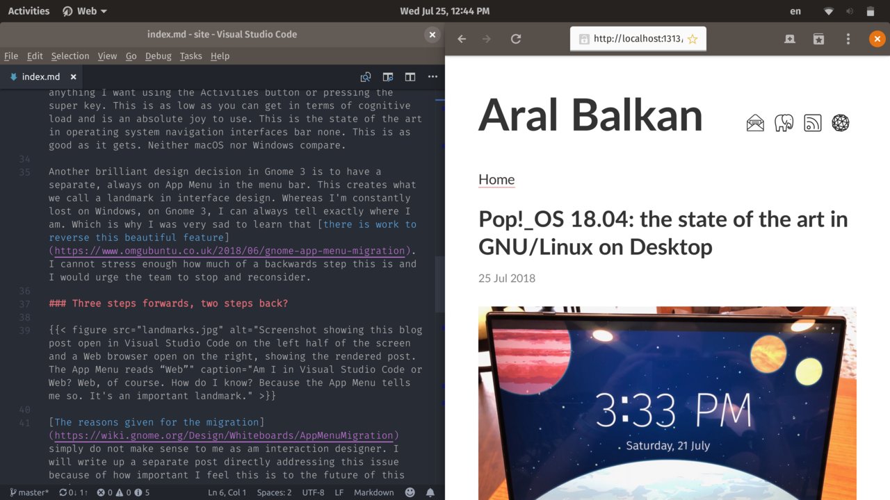Screenshot showing this blog post open in Visual Studio Code on the left half of the screen and a Web browser open on the right, showing the rendered post. The App Menu reads “Web”