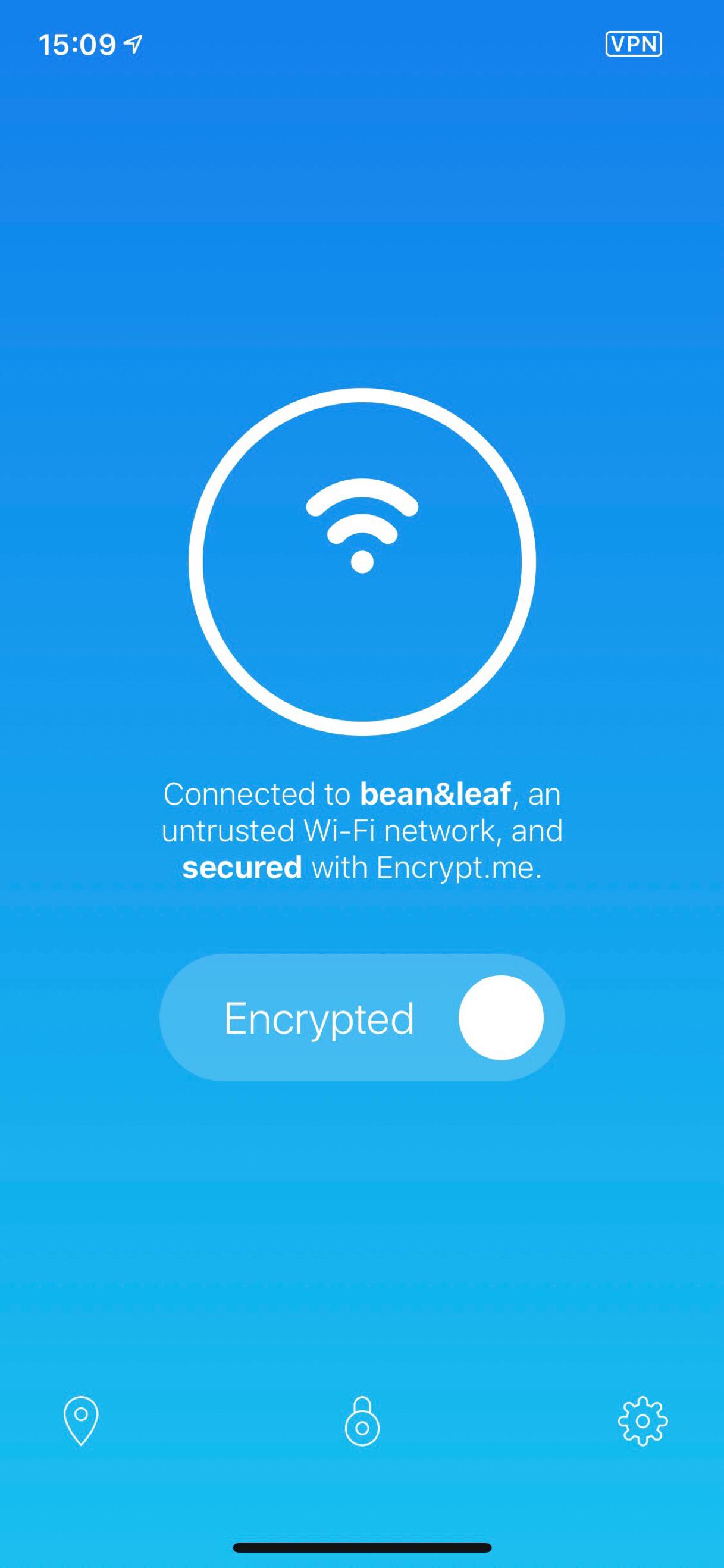 The interface for Encrypt.me, with a blue background, a WiFi symbol and text that reads: “Connecte to bean&amp;leaf, an untrusted Wi-Fi network, and secured with Encrypt.me. There is also switch control that reads Encrypted and three icons at the bottom of the screen for choosing server locations (a pin icon), network settings (a lock icon), and account settings (a gear icon).