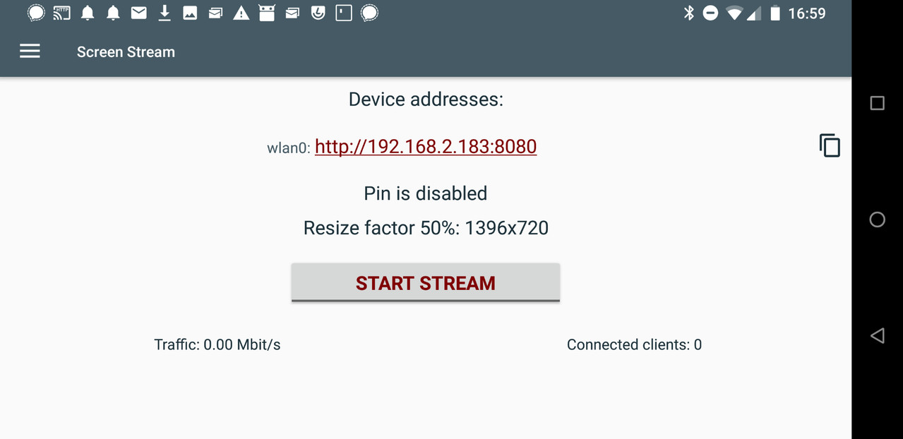 Screen Stream’s interface, with the following labels: “Device addresses: wlan0: http://192.168.2.183:8080. Pin is disabled. Resize factor: 50%: 1396 × 720.” Next, there is a Start Stream button, followed by two other labels: Traffic: 0.00 Mbit/s, and Connected clients: 0