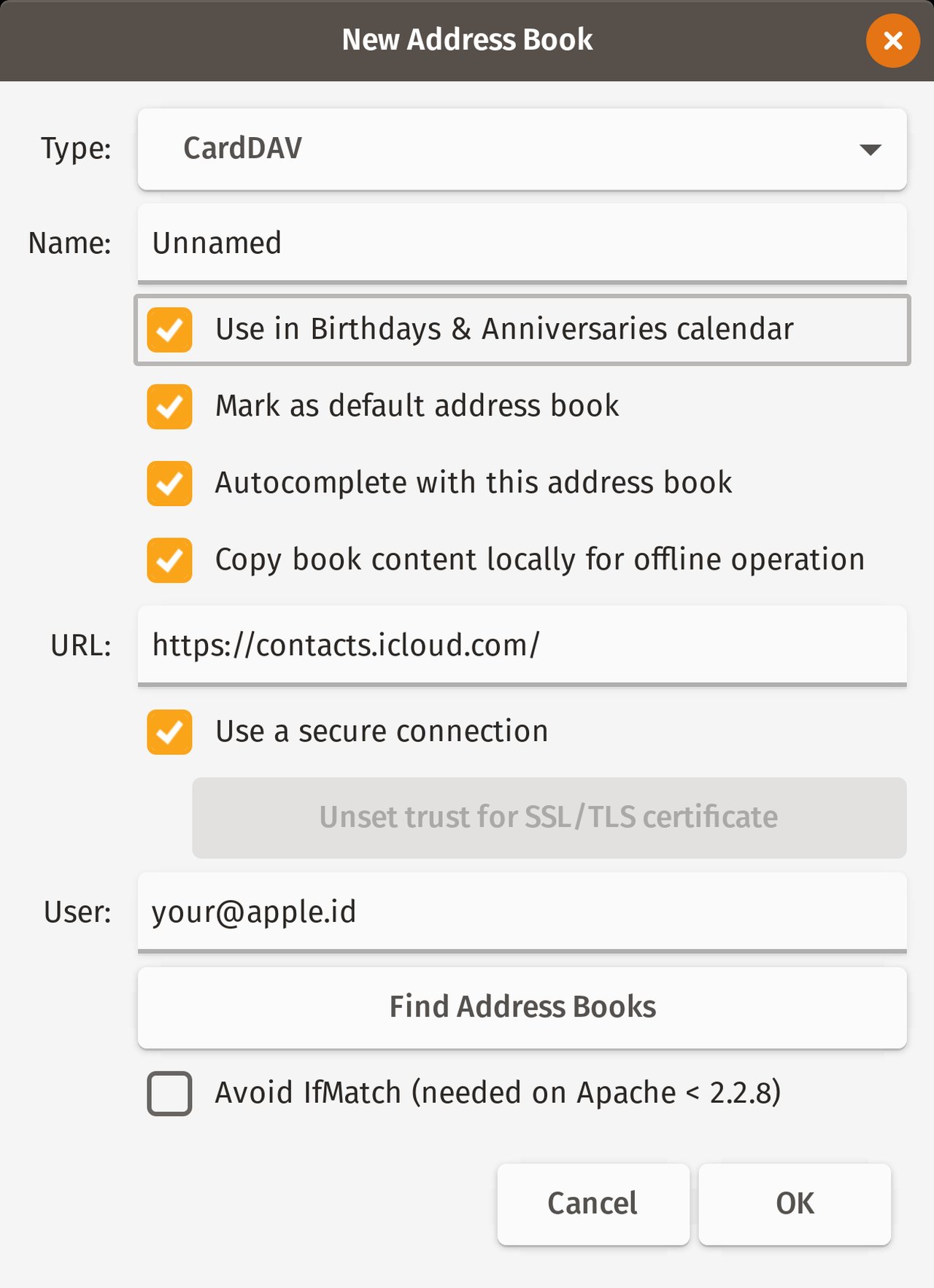 Screenshot of the New Address Book window. All of the settings shown are described in the instructions here.