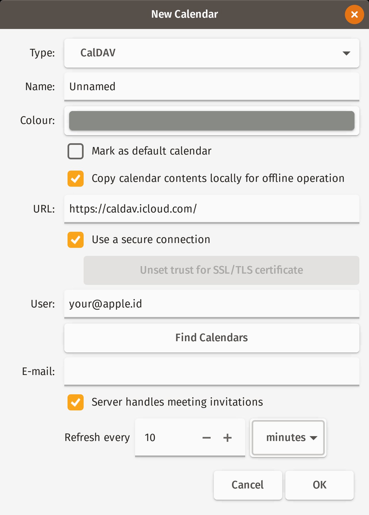 Screenshot of the New Calendar window. All of the settings shown are described in the instructions here.