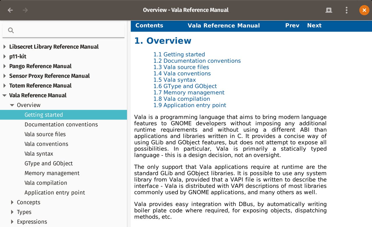 Screenshot of the Devhelp documentation app showing the Vala Reference Manual’s Getting Started section. The description begins: “Vala is a programming language that aims to bring modern language features to GNOME developers without imposing any additional runtime requirements and without using a different ABI than applications and libraries written in C.”