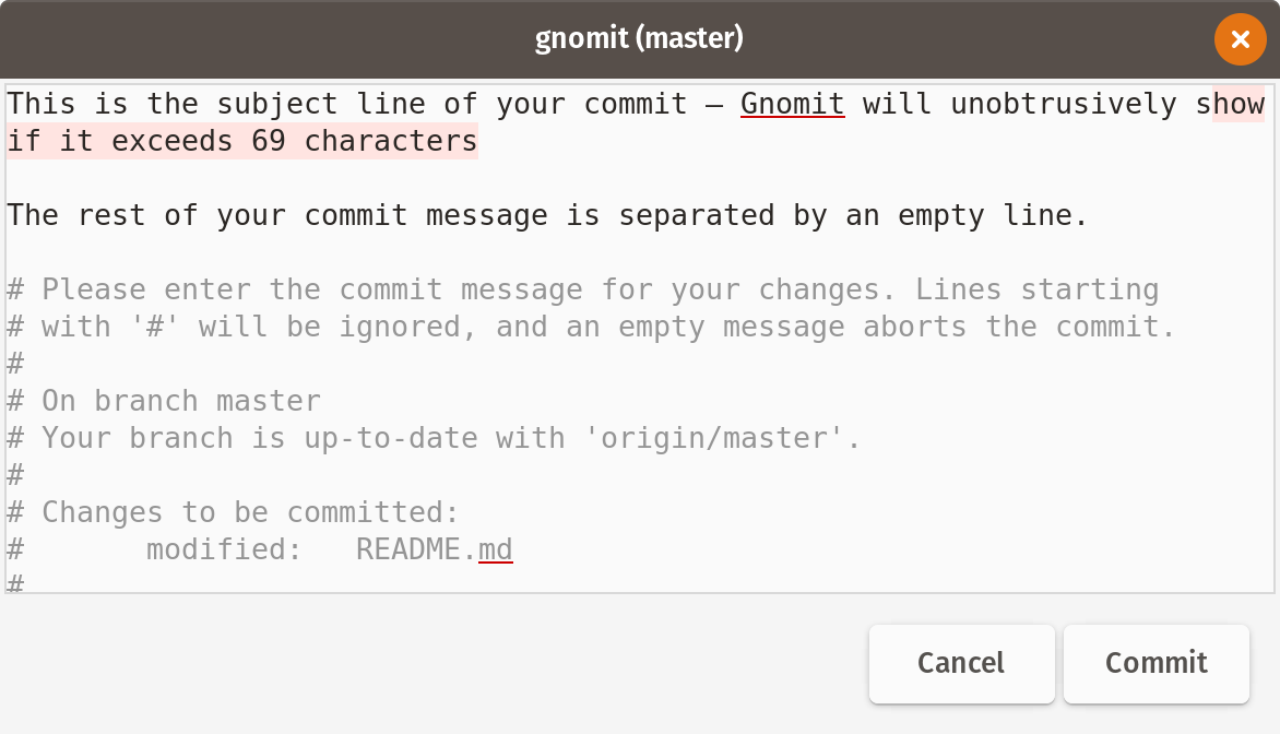 Screenshot of Gnomit showing the overflow highlighting on the subject line and the automatically inserted empty line between the subject line and the rest of the commit message.