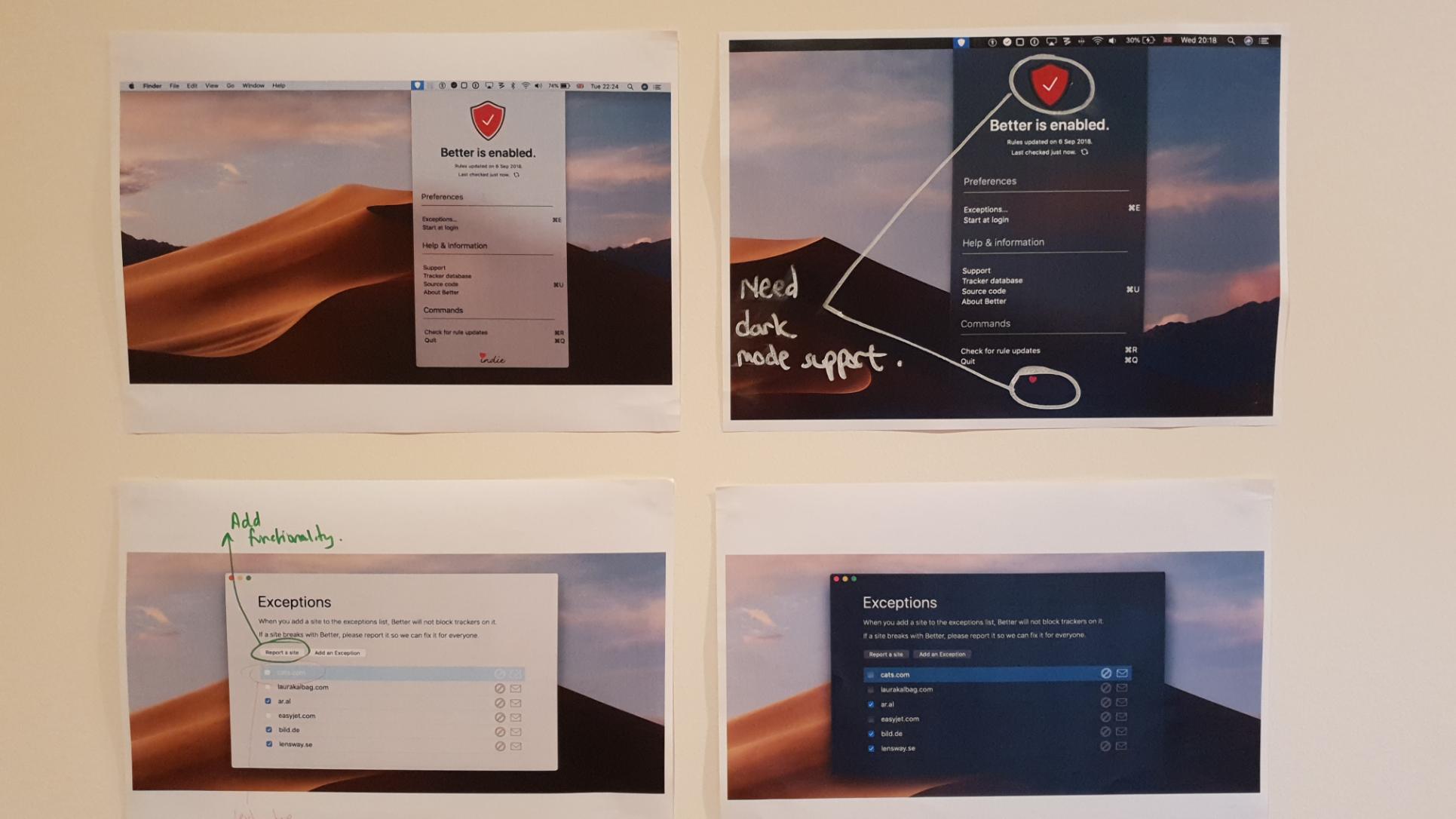 Some printouts of the new Mac client for Better showing the new design and macOS Dark Mode states.