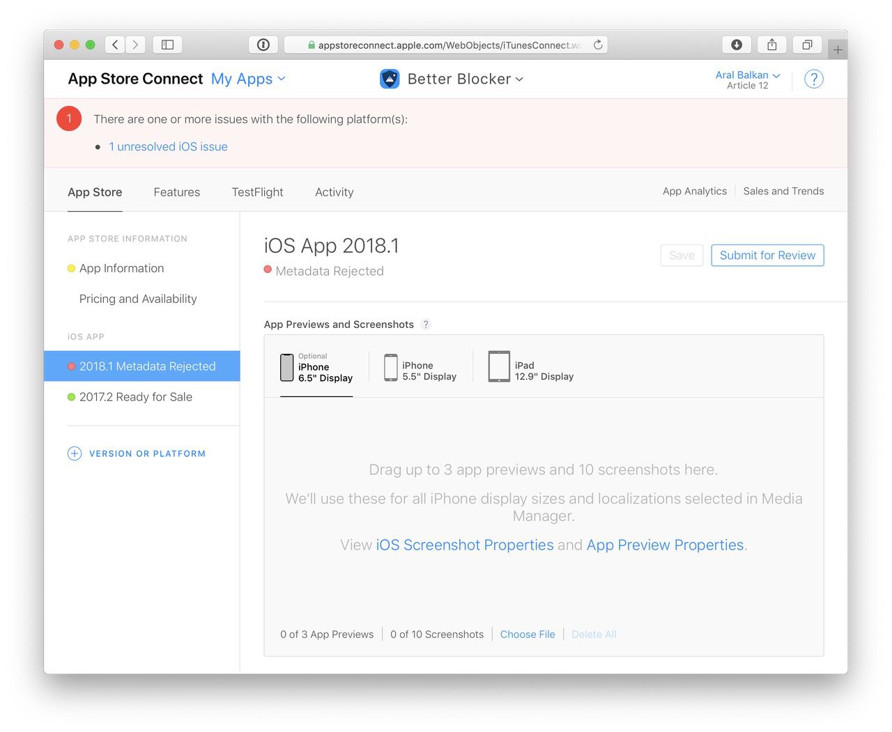 The App Store Connect submission page for Better, showing that it is Metadata Rejected. The link to view all screen sizes under App Previews and Screenshots is hidden.