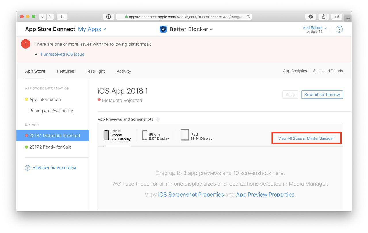 The App Store Connect submission page for Better, showing that it is Metadata Rejected. There is a link to view all screen sizes under App Previews and Screenshots (which I’ve emphasised by framing it with a red rectangle).