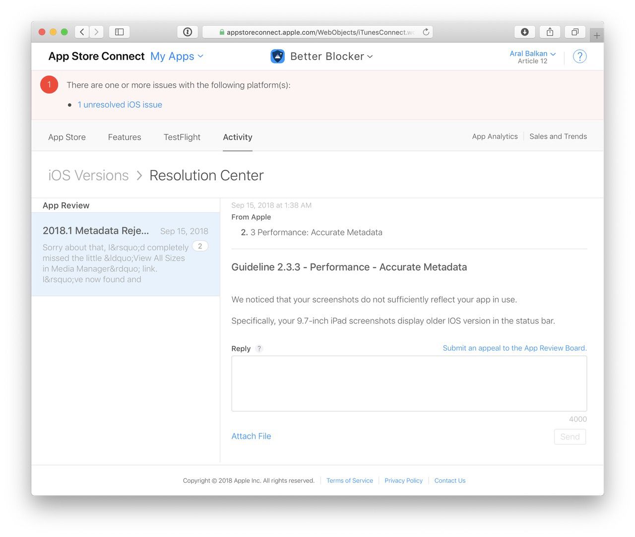 The App Store Connect Resolution Center page for the latest Better submission showing that it is Metadata Rejected because the 9.7-inch screenshots show an older iOS version in the status bar.