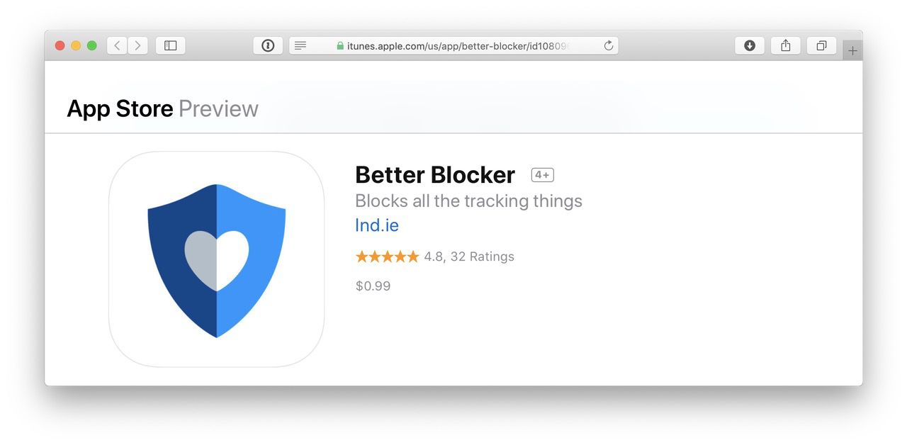 Screenshot of the Better Blocker content blocker app on the App Store showing that it has a 4.8 star rating on the US store with 32 ratings.