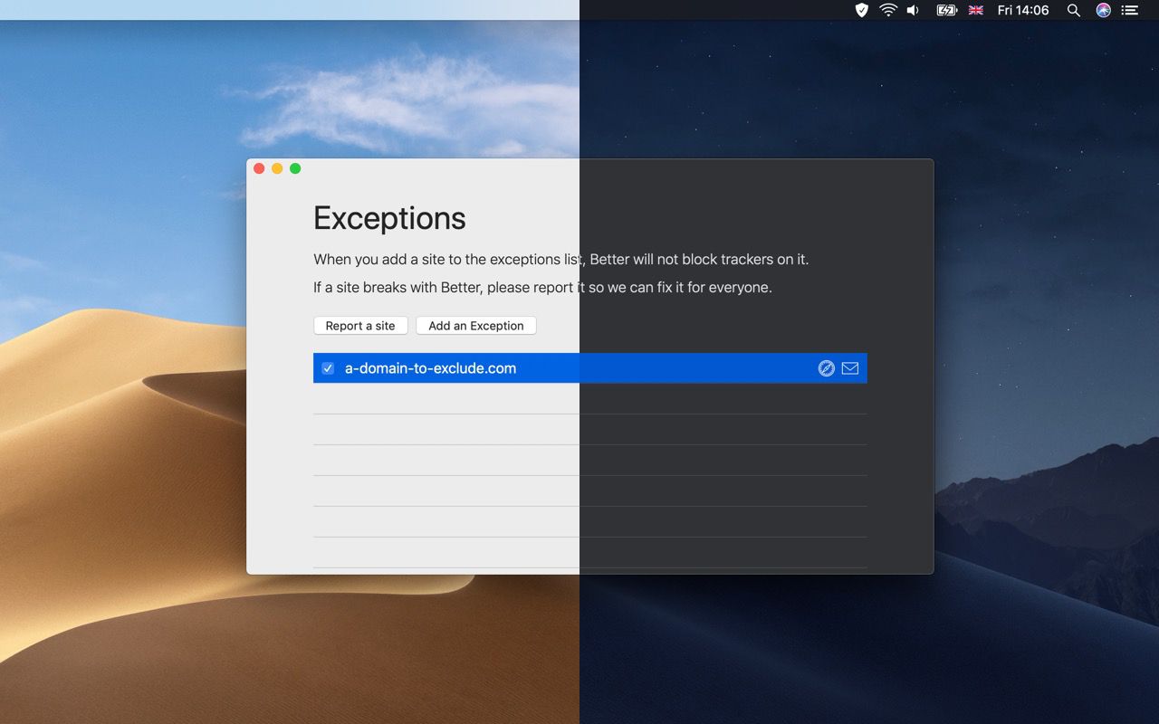 A split-screen of a screenshot of the Better Blocker Exceptions window shows how it look in Light Mode versus Dark Mode on macOS Mojave.