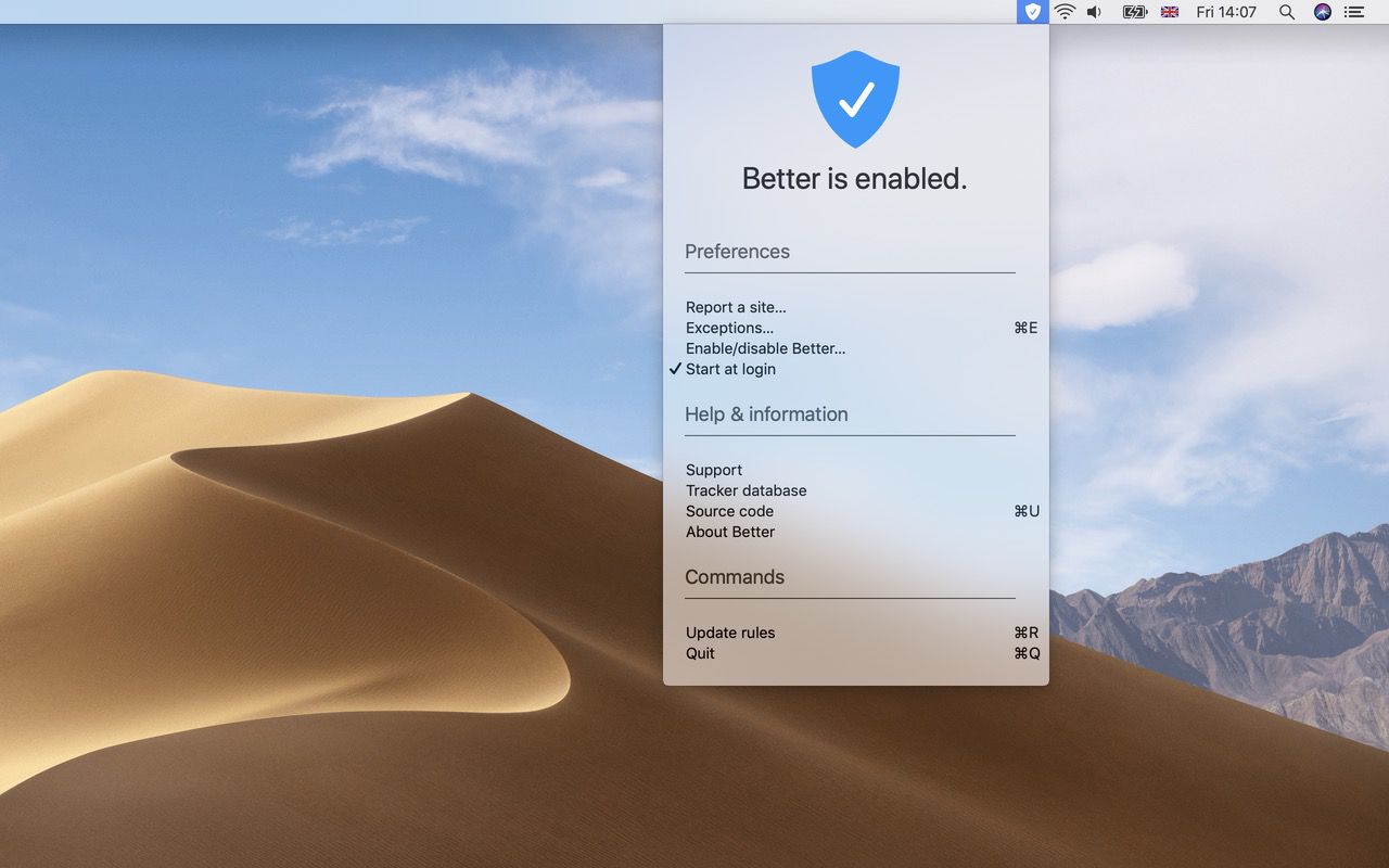 Screenshot of the new Better Blocker app on macOS Mojave. It is a status bar app. In the screenshot the menu is open. It has a blue shield with a check mark on it. Under it, the text: “Better is enabled.” Under that header is the rest of the app menu.