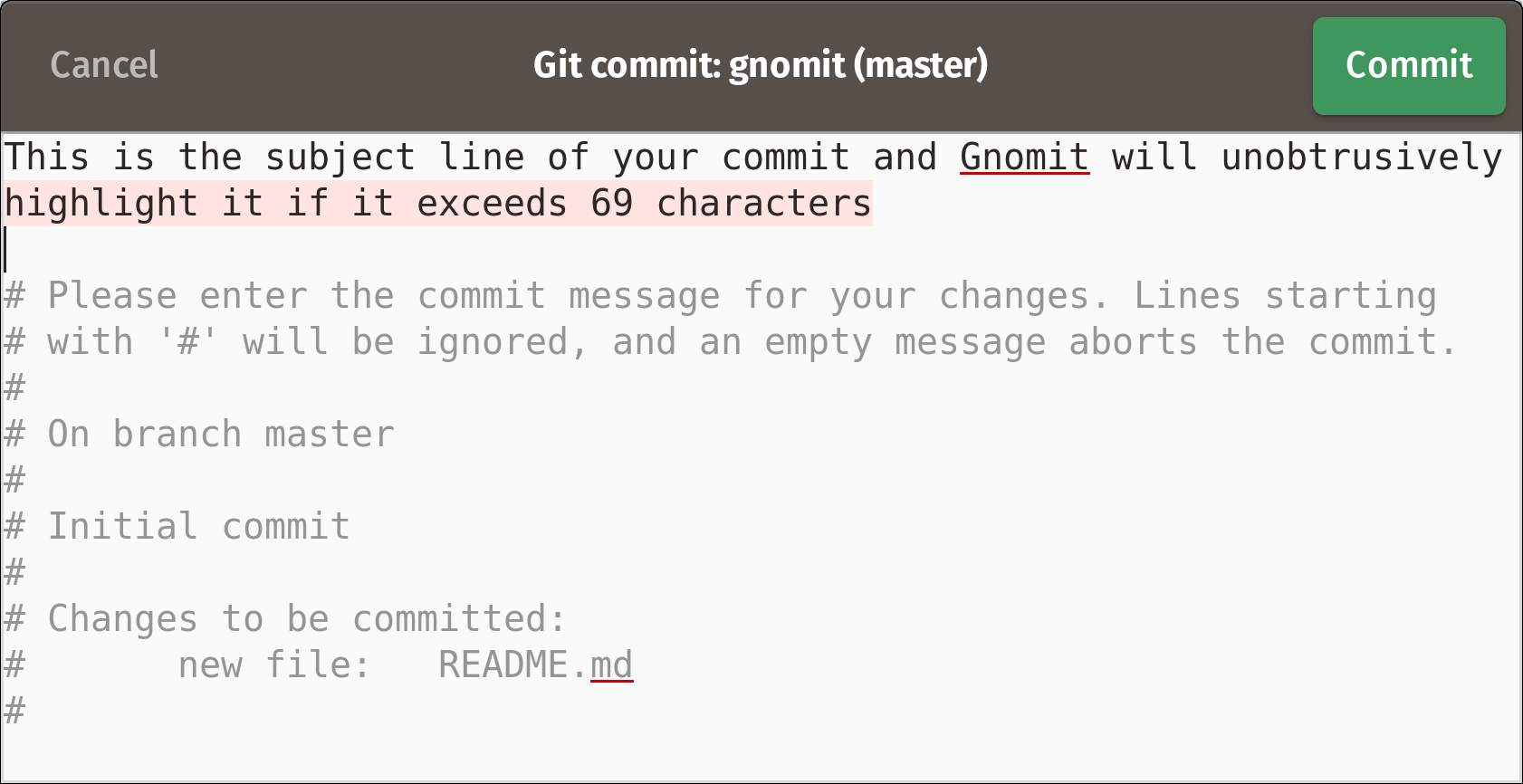 Gnomit’s git message composition window showing the new look with a standard window that contains the Cancel and Commit buttons.