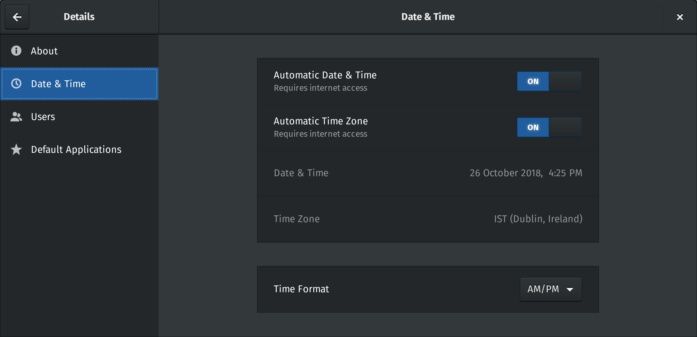 Screenshot of my Time and Date settings showing that even though automatic date and time and automatic time zone are set to ON, the time has not updated.