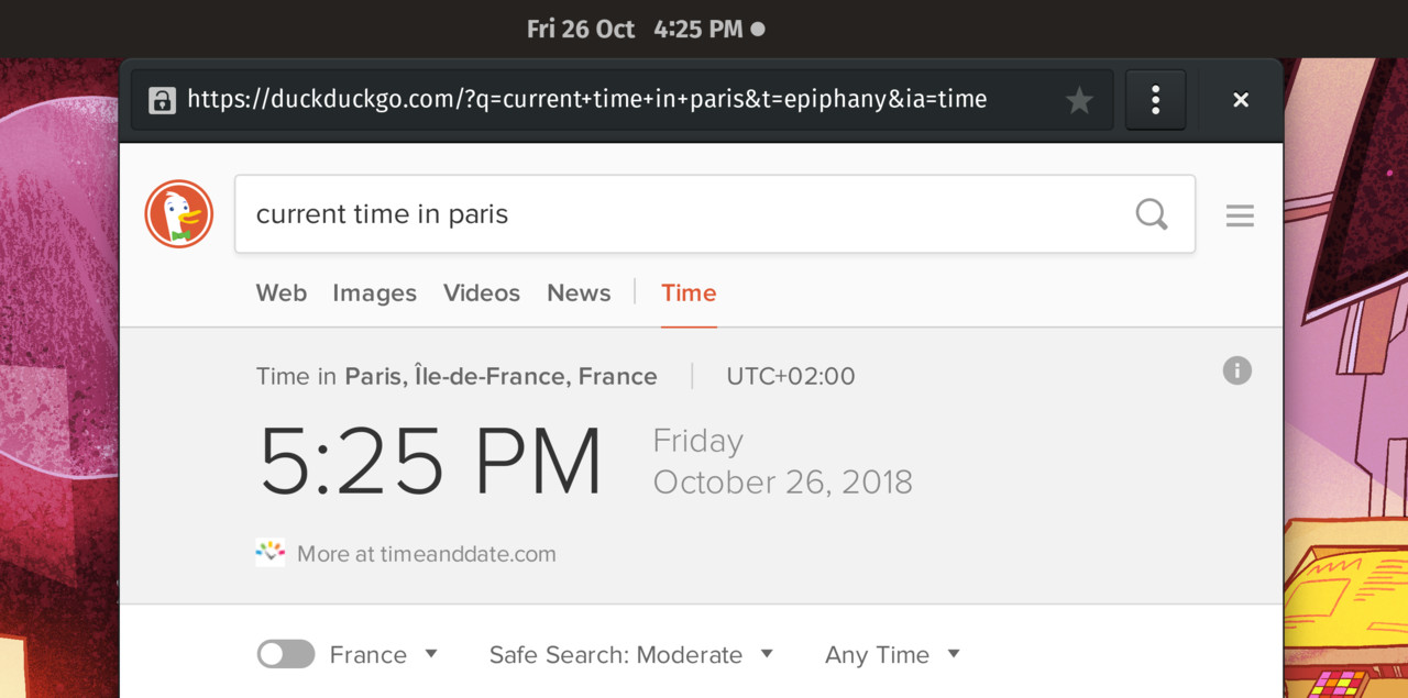 A screenshot of my desktop showing that my machine thinks the local time in Paris is 4:25PM while it is actually 5:25PM.
