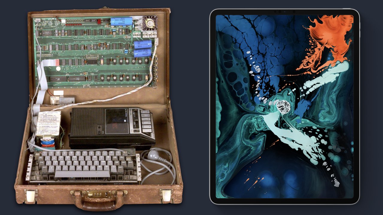 A side-by-side layout of the first Apple computer – its components laid out in a suitcase – and the new iPad Pro.