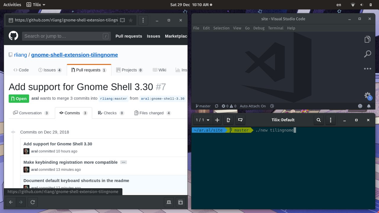 My desktop with three windows tiled using Tilingnome. One takes up half the screen on the left and the other two share the other half, tiled vertically. The apps are, clockwise, GNOME Web, Visual Studio Code, and Tilix. The terminal prompt reads ~/ar.al/site/(master) ./new tilingnome