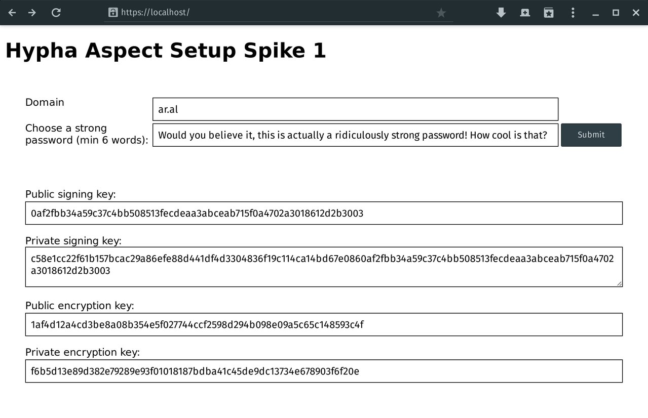 Screenshot of Iteration 2: A domain (ar.al) and a strong password have generated public/private signing and encryption keys.