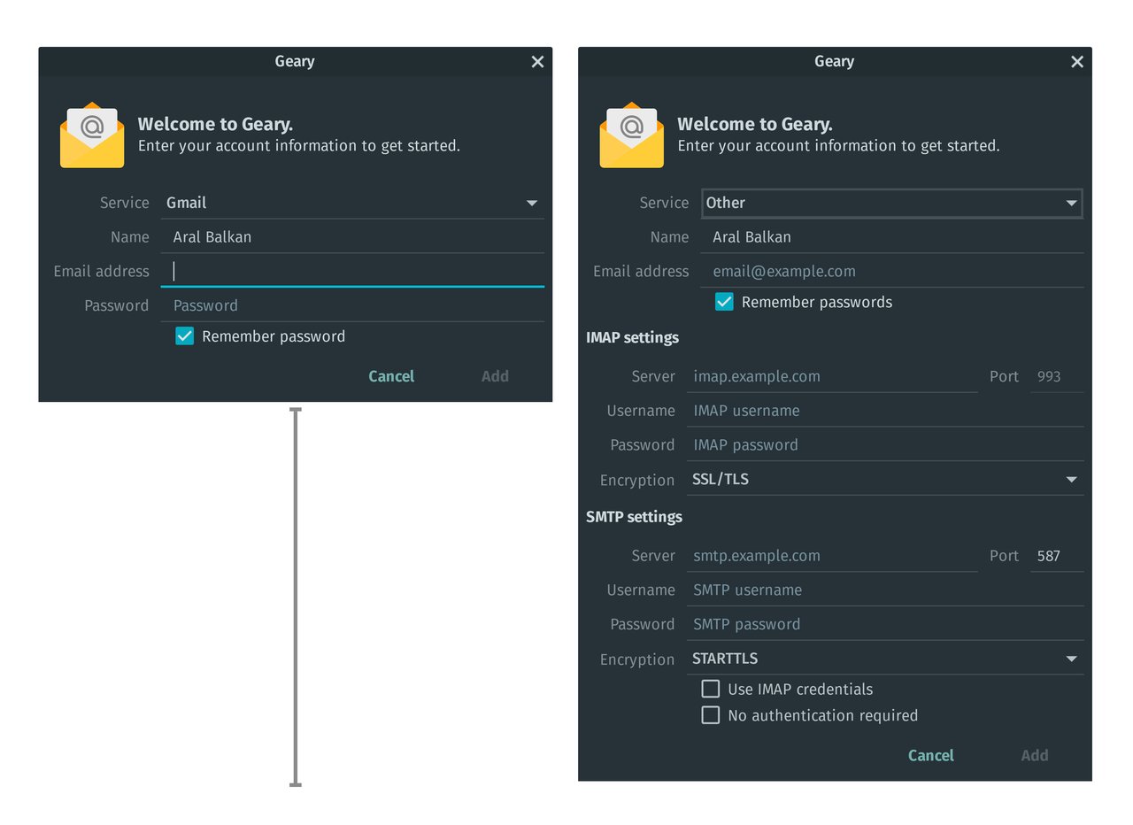 Screenshot showing the setup of Gmail (very simple) vs other email providers apart from Yahoo and Outlook.com (twice the height, multiple times the complexity)