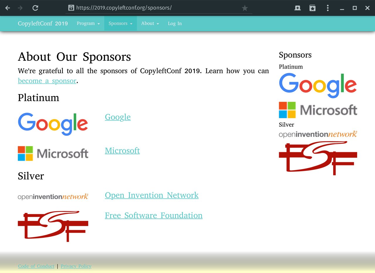 La página de patrocinadores de CopyLeftConf: Google, Microsoft y FSF están entre los patrocinadores