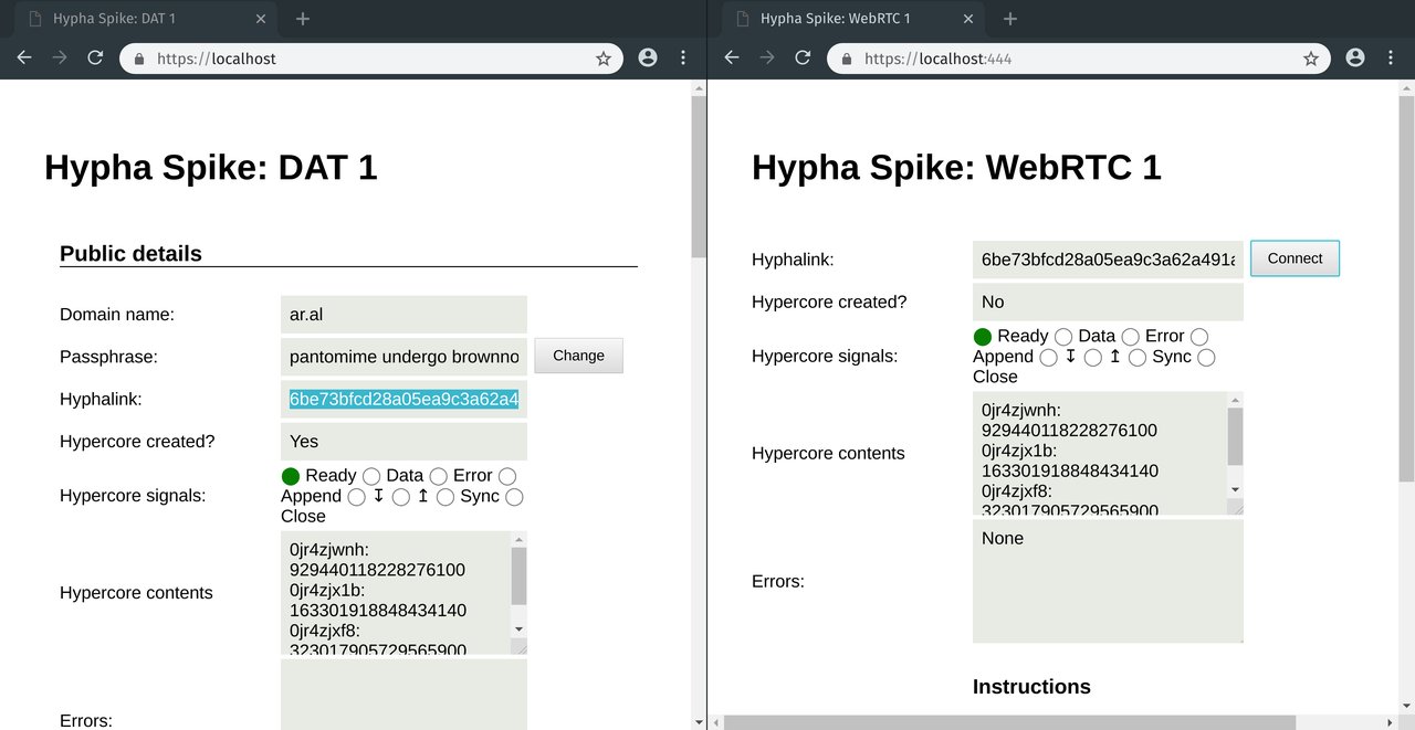 Two browser windows, side-by-side. The left one is running the DAT 1 spike, the right one this one. Data has replicated between them.