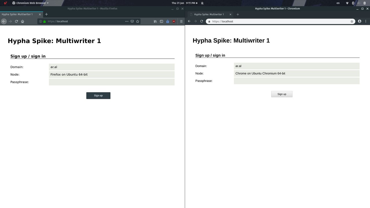 Screenshot of the spike running on Firefox (left) and Chromium (right). Details are described in the body of the text.