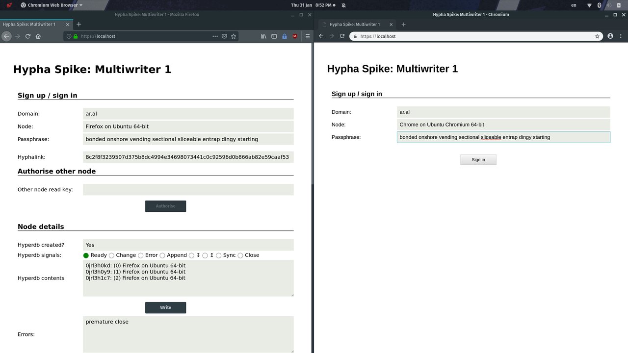 Screenshot of the spike running on Firefox (left) and Chromium (right). Details are described in the body of the text.