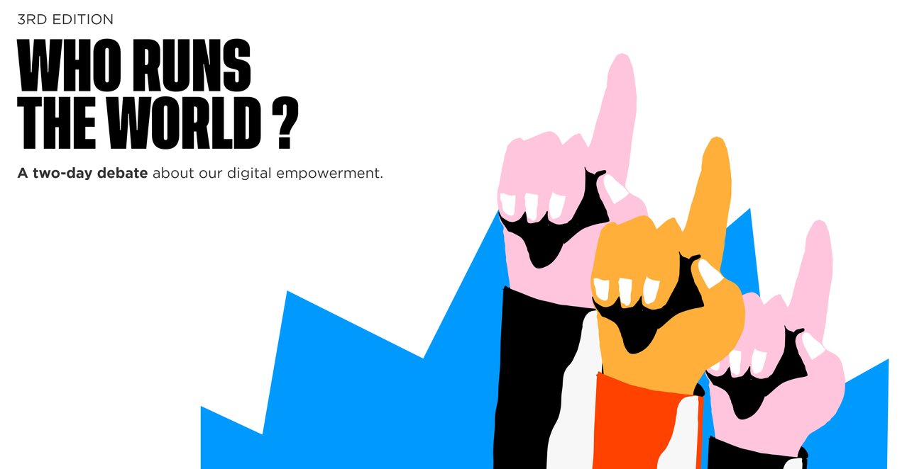 Illustration: three hands with index fingers pointing upwards. Text: 3rd edition: Who runs the world? A two day debate about our digital empowerment.