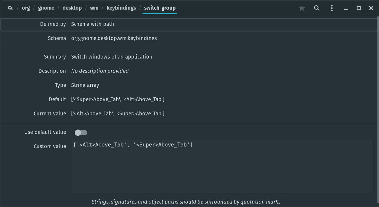 Screenshot of dconf-editor showing the keybindings for switching the windows of an applicaiton.