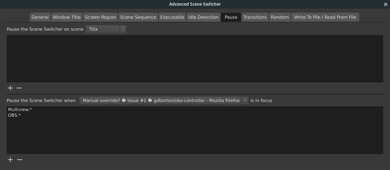 Screenshot of Advanced Scene Switcher plugin dialog on the Pause tab showing That Multiview.* and OBS.* are added to the Pause the Scene Switcher when … is in focus list.