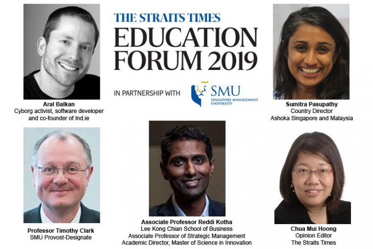 Photos of some of the participants at the ST Education Forum 2019. Clockwise from top-left: Aral Balkan, cyborg rights activist, software developer and co-founder of Ind.ie, Sumitra Pasupathy, Country Directory, Ashoka Singapore and Malaysia, Chua Mui Hoong, Opinion Editor, The Straits Times, Associate Professor Reddi Kotha, Lee Kong Chian School of Business, Associate Professor of Strategic Management, Academic Director, Master of Science in Innovation, Professor Timothy Clark, SMU Provost-Designate