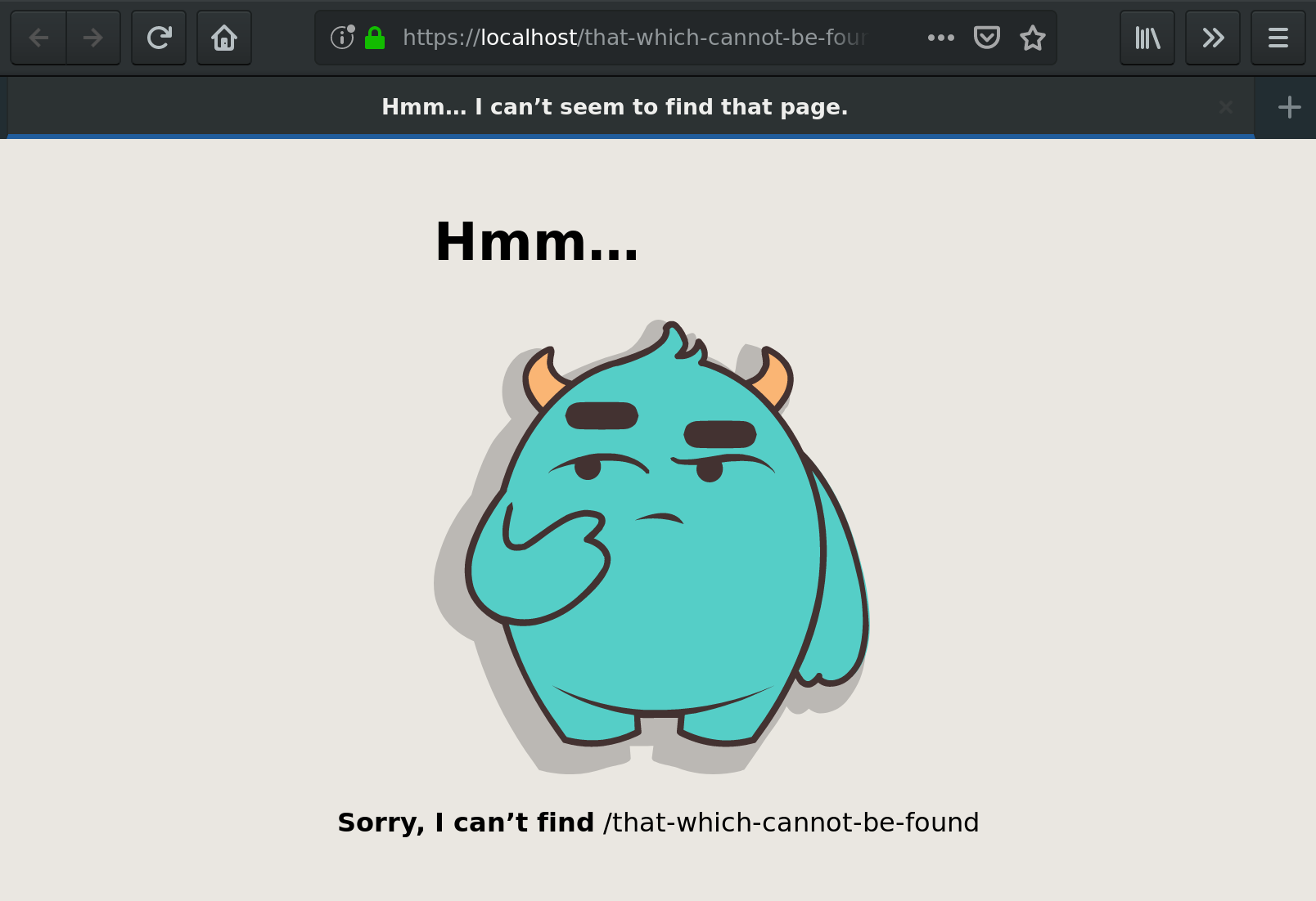 A green monster, deep in thought. The text reads: “Hmm… Sorry, I can’t find /that-which-cannot-be-found