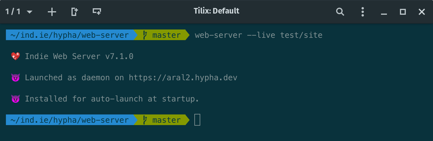 Screenshot of terminal: ~/ind.ie/hypha/web-server   master  web-server --live test/site 💖 Indie Web Server v7.1.0 😈 Launched as daemon on https://aral2.hypha.dev 😈 Installed for auto-launch at startup.