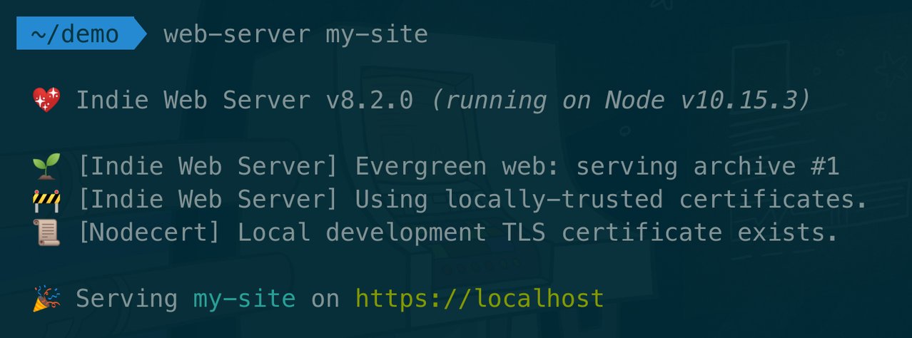 Terminal screenshot showing Indie Web Server serving an archive using the new cascading archives feature.