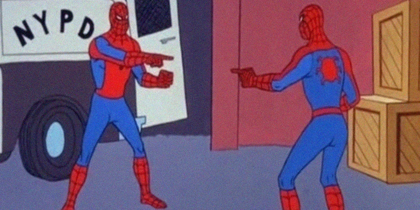 Spiderman pointing at Spiderman meme.