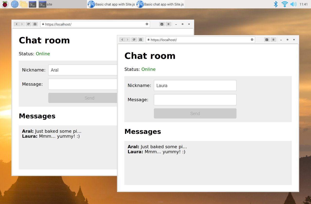 Screenshot of the Site.js basic chat example running on a Raspberry Pi 4B.