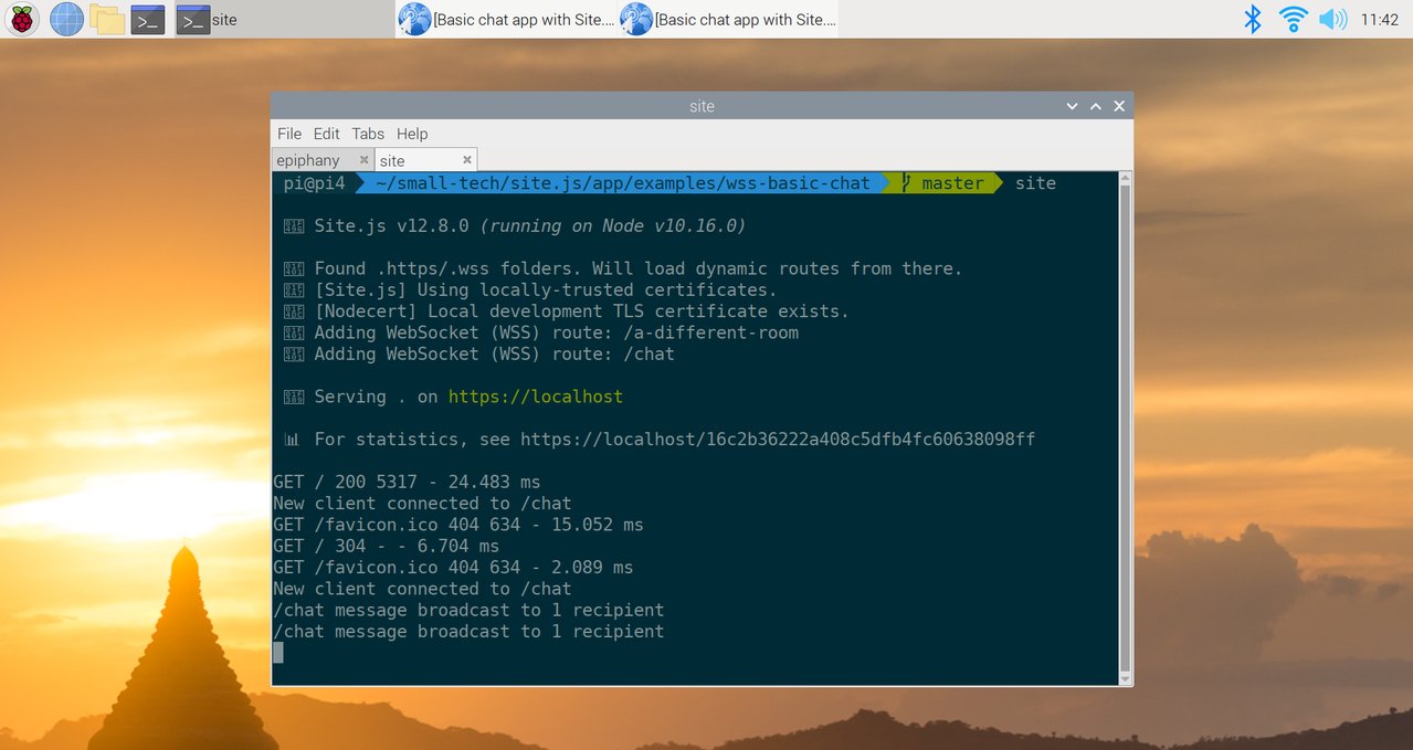 Screenshot of Terminal on the same Raspberry Pi 4B as before, showing Site.js serving the basic chat app.