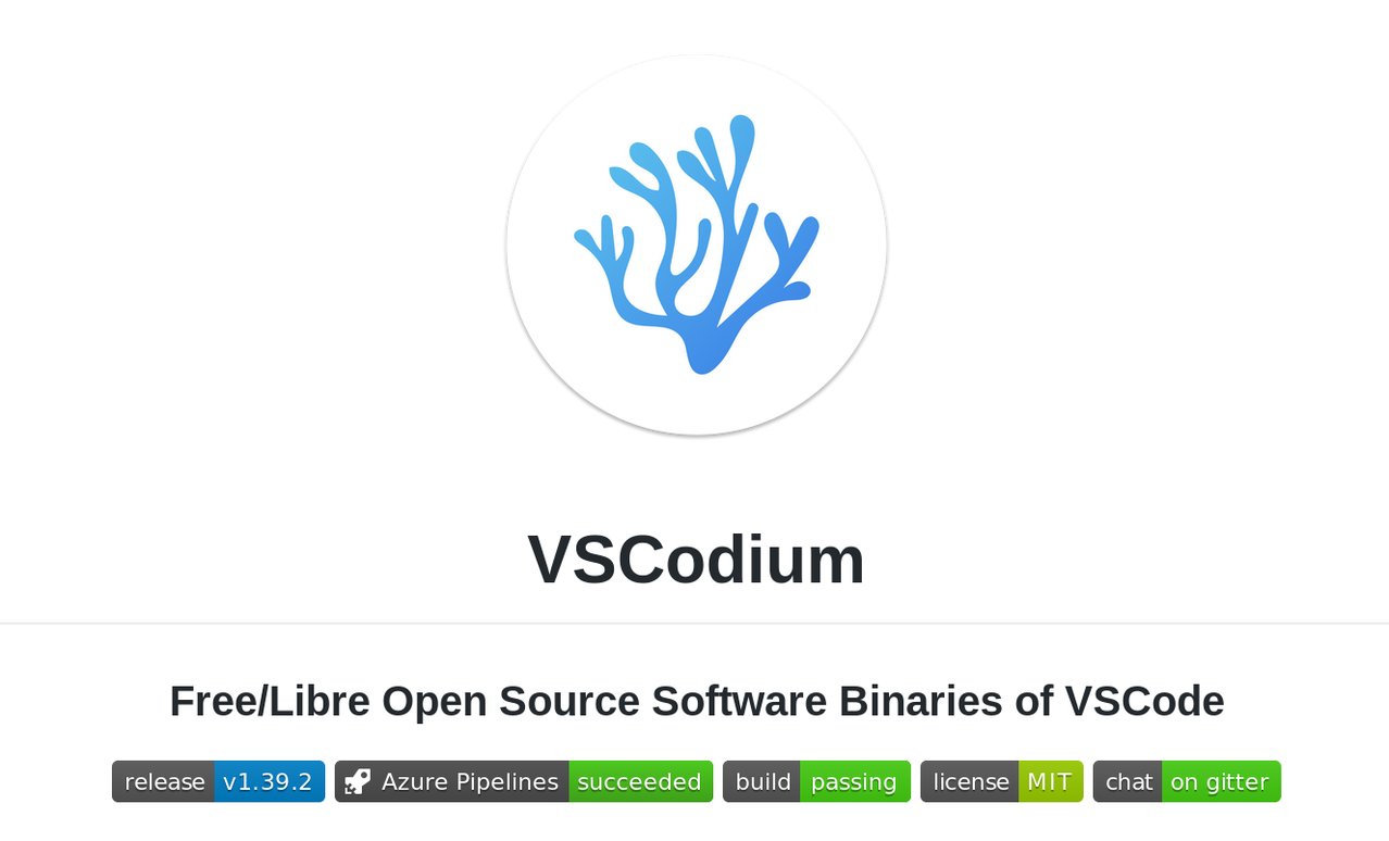 Screenshot of the VSCodium page on GitHub showing the VSCodium logo – looks like a blue coral or mycelium of some sort – and reads “VSCodium: Free/Libre Open Source Software Binaries of VSCode”