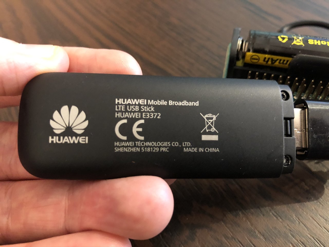 Close-up of the Huawei Mobile Broadband LTE USB Stick E3372 used in the prototype.